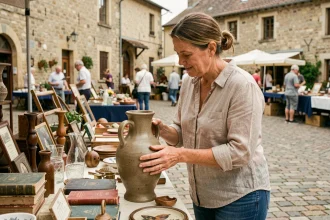 Femme examinant un vase en céramique vintage sur un stand de vide-greniers en plein air dans l'Yonne