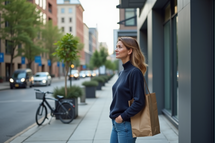 Femme en jeans et pull navy devant immeuble moderne