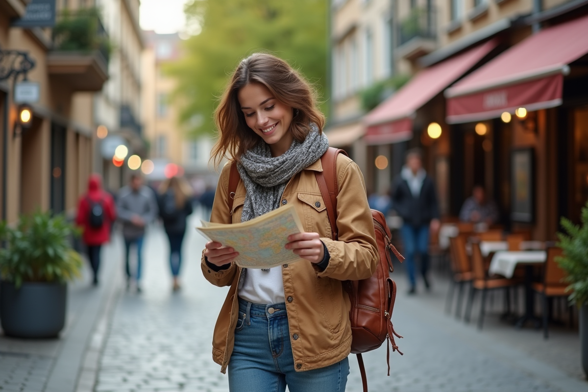 Femme voyageuse en rue européenne avec carte et sourire