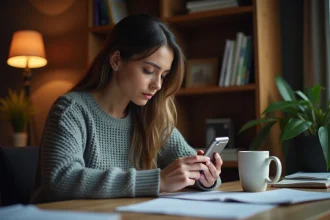 Femme jouant au Wordle sur smartphone à son bureau en bois avec café