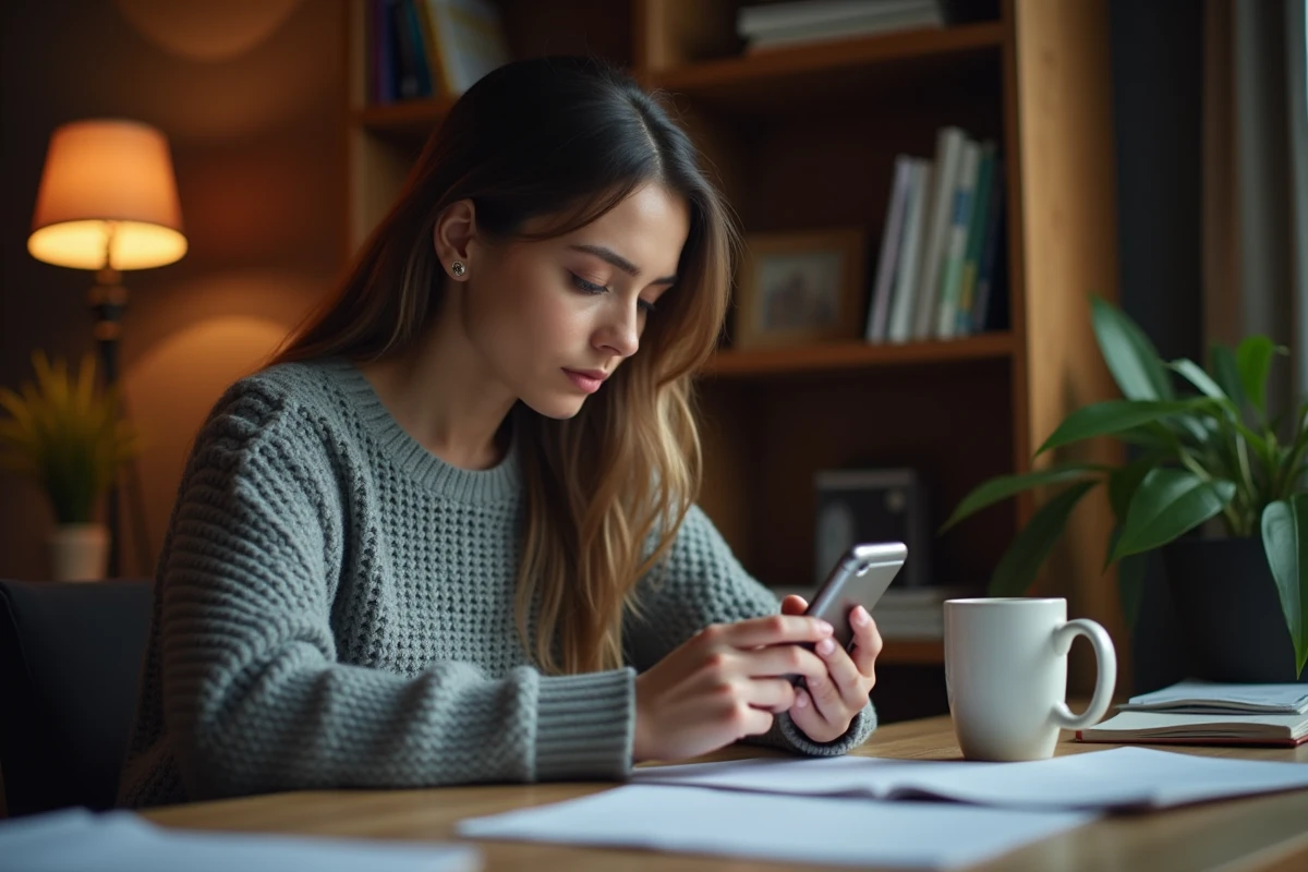 Femme jouant au Wordle sur smartphone à son bureau en bois avec café