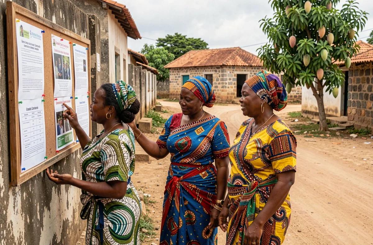 Femmes comoriennes lisant des informations affichées sur un panneau communautaire dans un village de Grande Comore