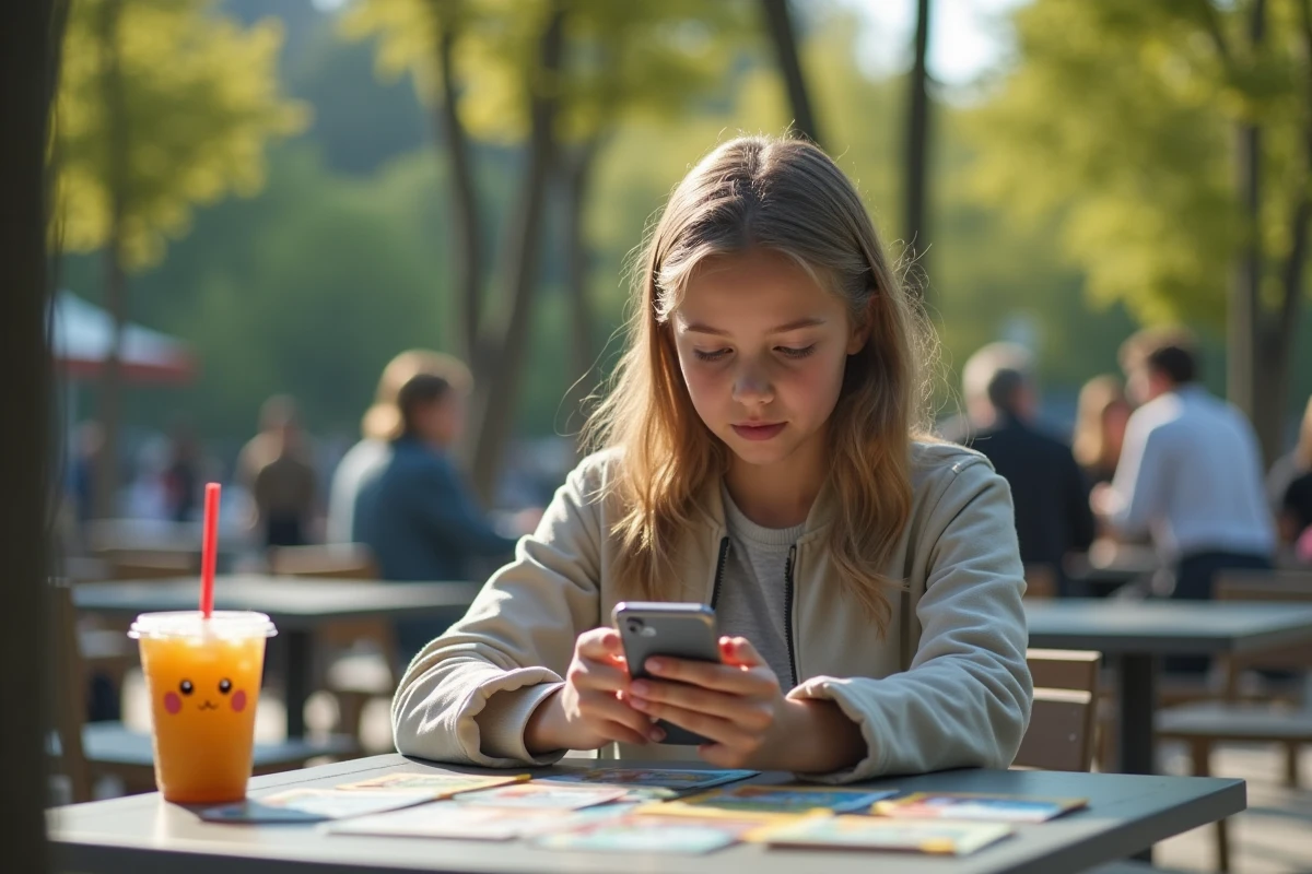 Fille adolescente entrant des codes Pokémon sur son smartphone en extérieur