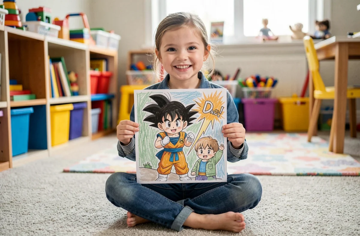 Fillette tenant fièrement son coloriage Dragon Ball terminé dans une salle de jeux colorée