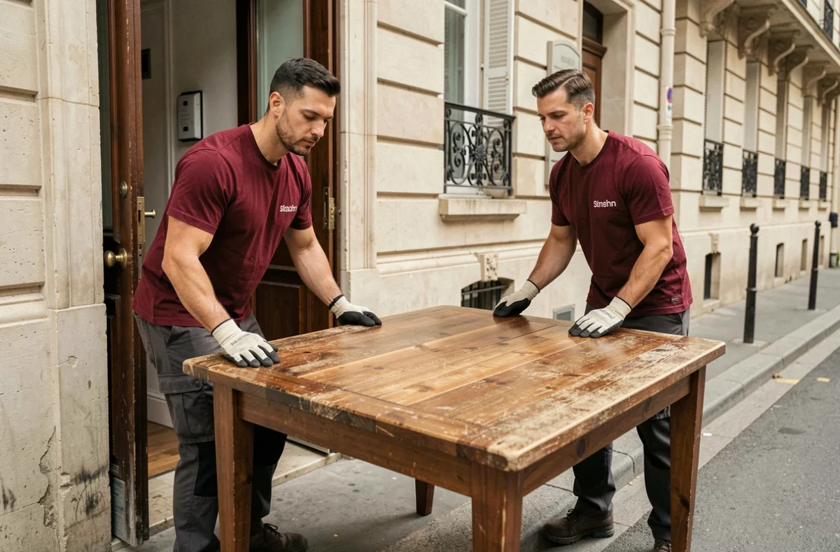 Deux déménageurs de Finta et Co sortant une table en bois massif d'un appartement à Argenteuil