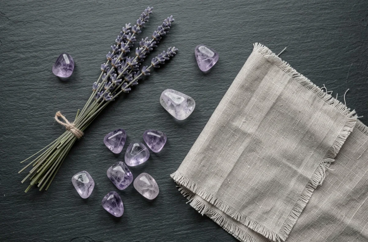 Vue de dessus d'un arrangement flat-lay avec des pierres d'améthyste violettes, de la lavande séchée et du lin sur une surface en ardoise, ambiance bien-être et rituel de sommeil