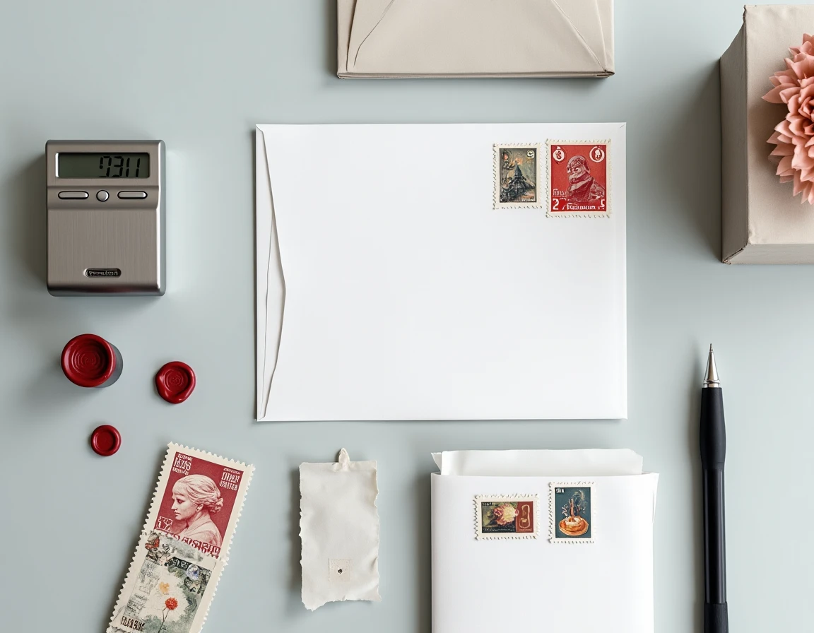 Mise à plat de timbres postaux français, enveloppe, balance et cachet de cire pour affranchissement de courrier