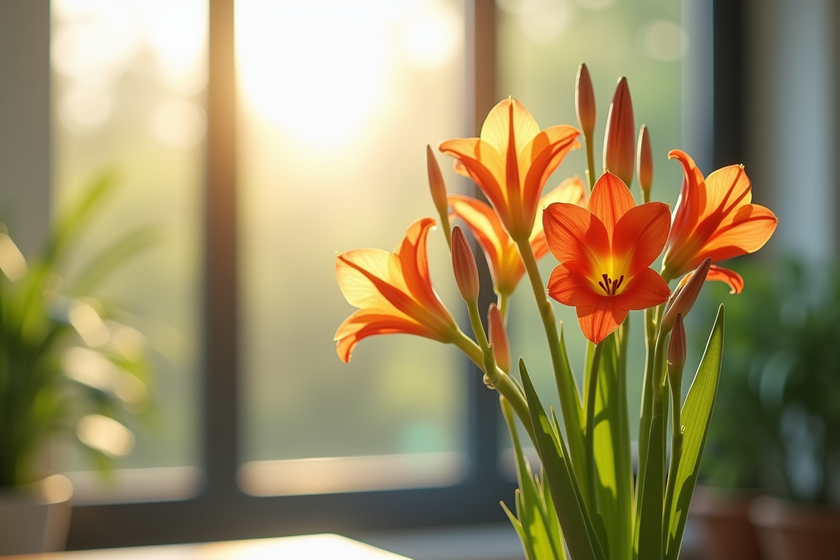 Freesia en intérieur en pleine lumière avec feuilles et boutons