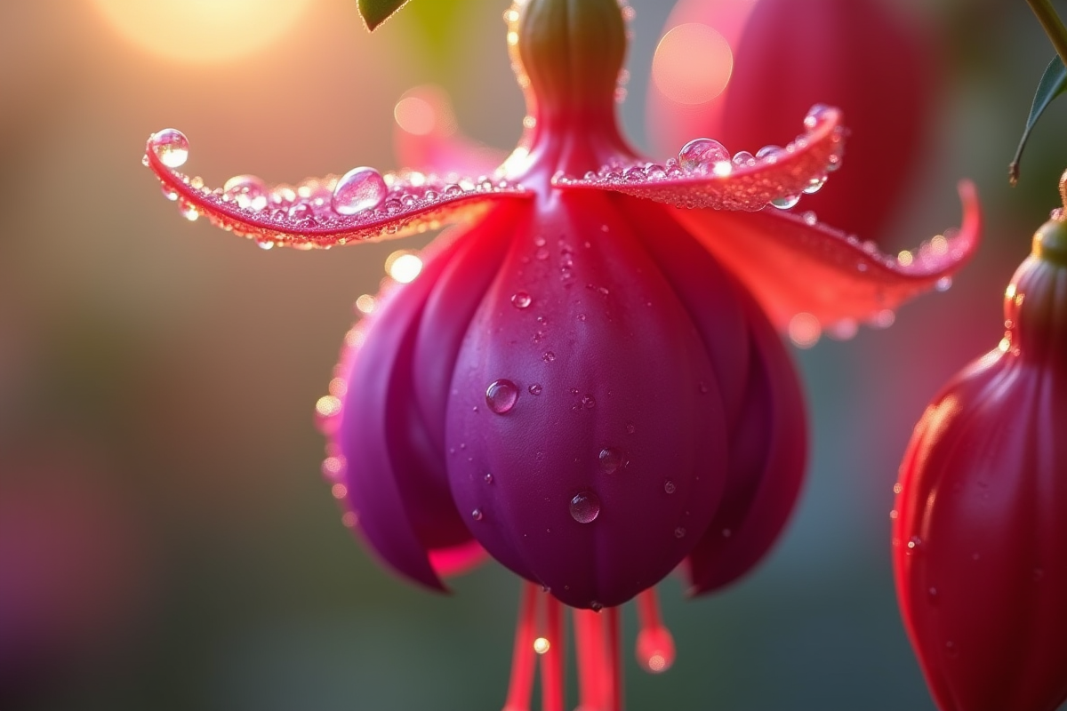 Fleur de Fuchsia fraîche avec de la rosée au matin