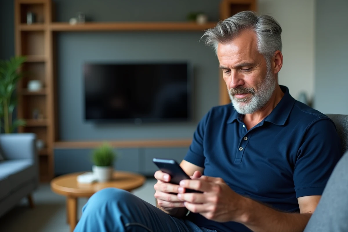 Homme gérant les paramètres de son compte Amazon Prime depuis son smartphone dans son salon