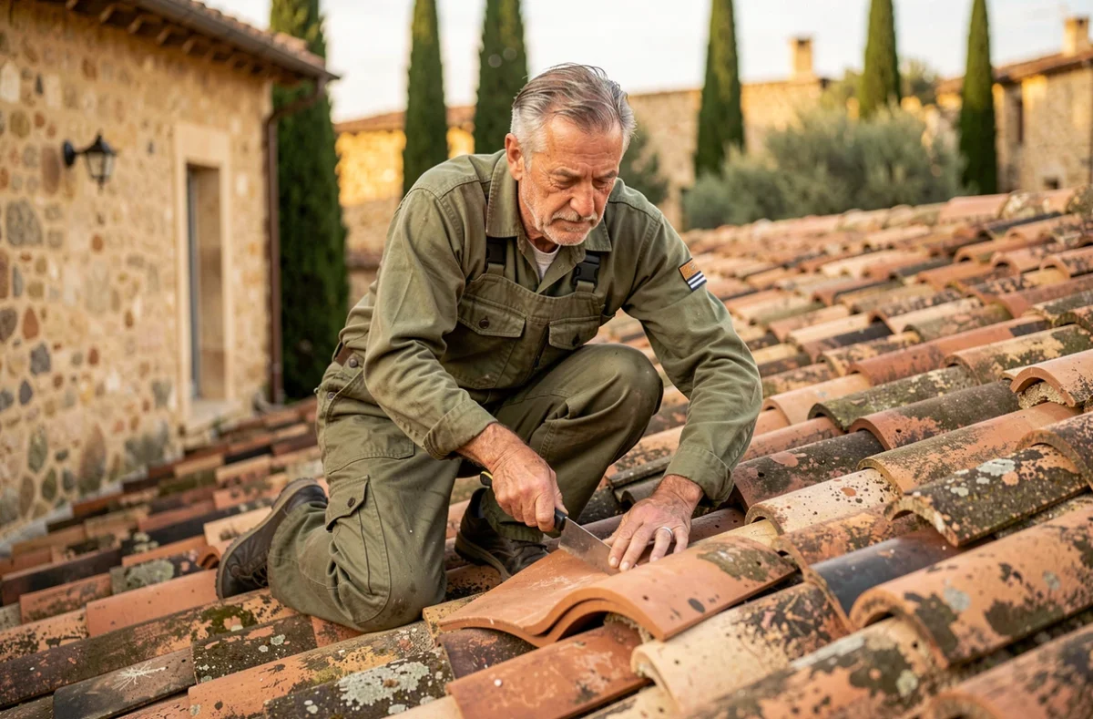 Artisan couvreur de Gontelle Couverture ajustant des tuiles canal sur un mas provençal à Avignon