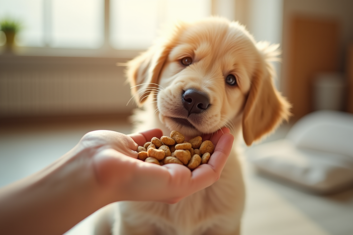Gros plan sur une main tenant des croquettes pour chiot