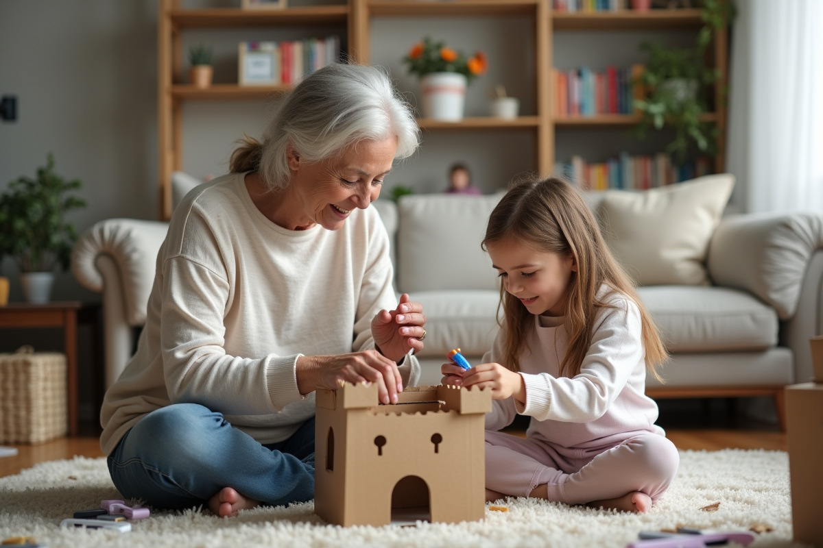 Grand-mère et petite fille construisant un château en carton dans le salon