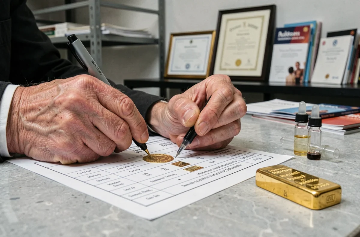 Gros plan sur les mains d'un expert annotant une fiche de poinçons étrangers à côté d'un lingot en or