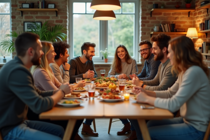 Groupe d'amis partageant un repas convivial dans une cuisine moderne