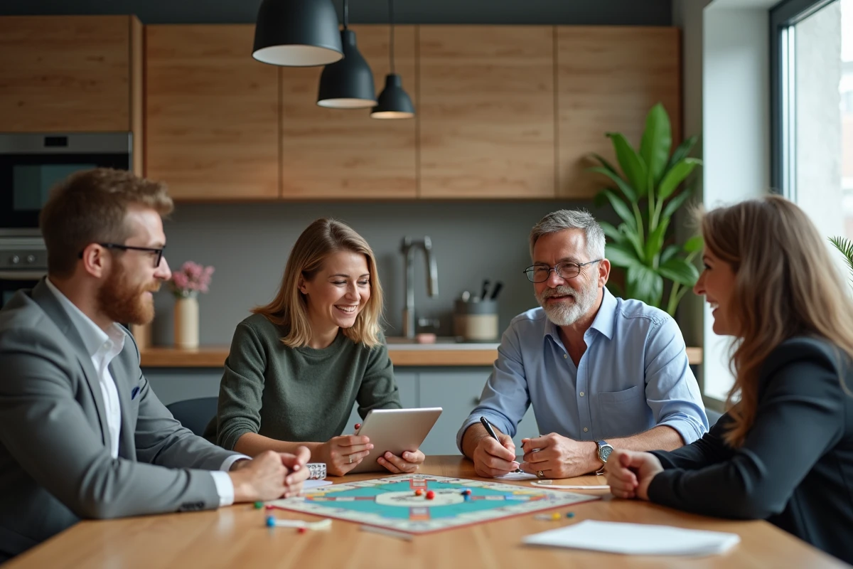 Trois amis discutant stratégie Monopoly dans la cuisine