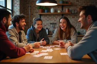 Groupe d'amis adultes jouant au jeu du Palmier autour d'une table en bois avec des cartes éparpillées