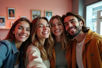 Groupe d'amis souriants en selfie dans un studio parisien