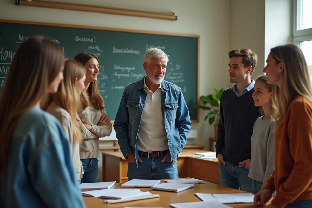 Groupe d'ados et professeur dans une salle lumineuse