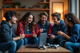 Groupe d'ados en jerseys d'esports dans un salon convivial