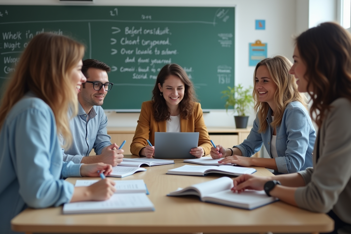 Groupe d adultes discutant en classe moderne