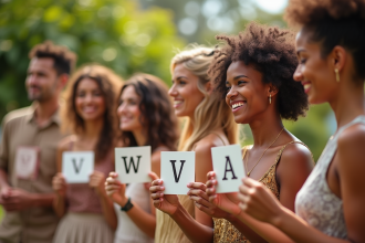 Groupe de personnes diverses lors d'une fête dans un jardin avec noms en V
