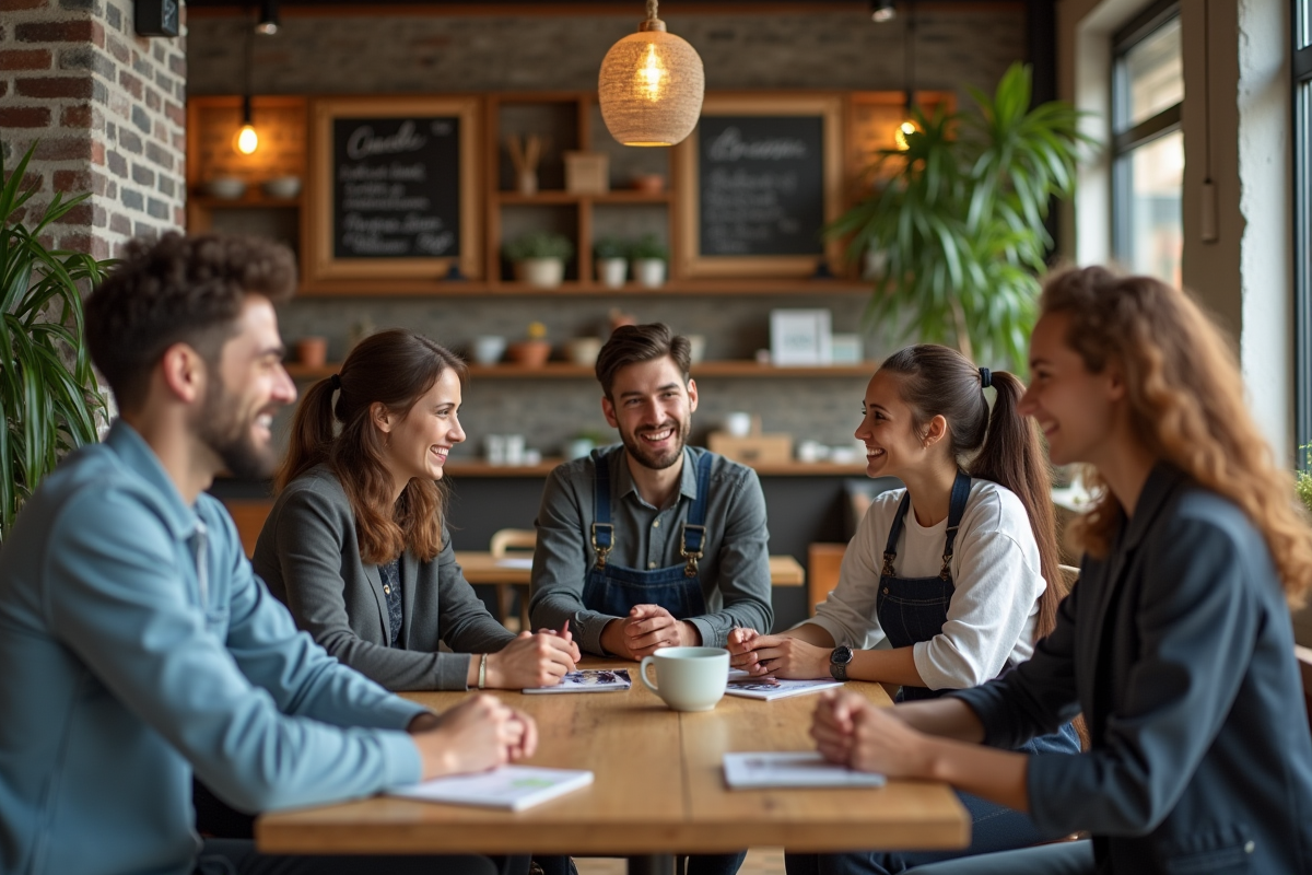 Groupe de jeunes divers discutant dans un café lumineux