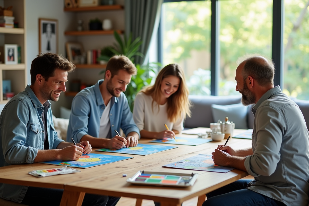 Groupe d adultes peignant ensemble dans un salon lumineux et convivial