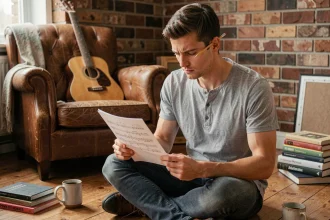 Jeune guitariste déchiffrant une tablature de guitare imprimée sur le plancher d'une salle de musique cosy