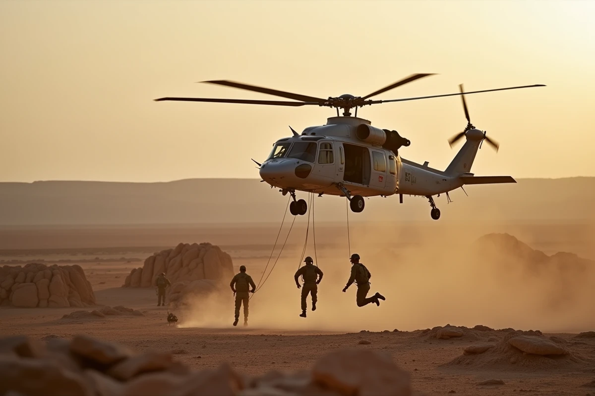 Hélicoptère NH90 Caïman de l'armée française lors d'une insertion de troupes par rappel en zone opérationnelle