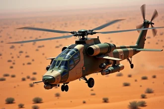 Hélicoptère Tigre de l'armée française en vol au-dessus du Sahel lors d'une opération extérieure