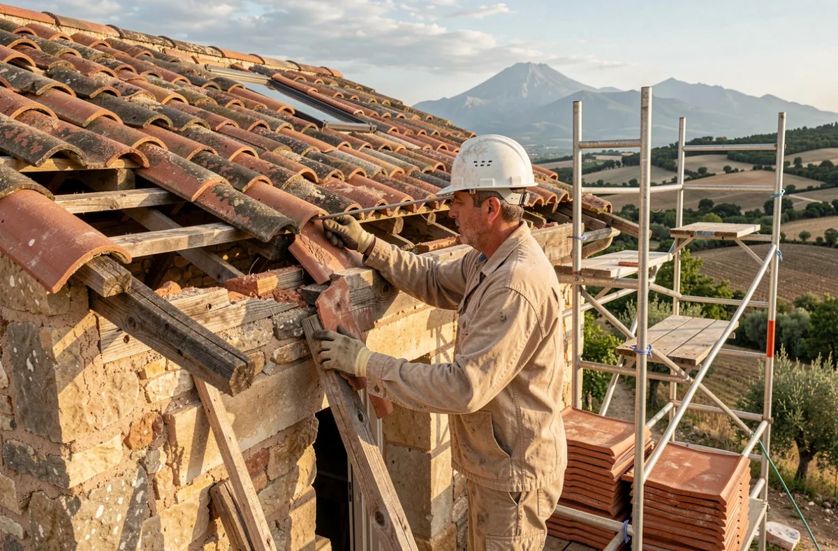 Couvreur d'Henriques Construction rénovant la toiture d'une vieille maison en pierre dans le Vaucluse avec vue sur le Mont Ventoux