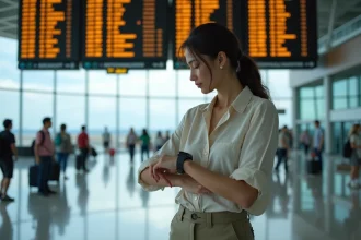 Femme vérifiant l'heure dans un aéroport avec tableau des départs affichant des fuseaux horaires internationaux dont La Réunion