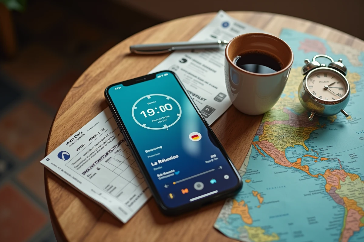 Flat lay de smartphone affichant l'heure de La Réunion avec carte d'embarquement et horloge de voyage pour illustrer le décalage horaire