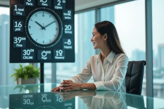 Femme professionnelle dans un bureau de Singapour consultant des horloges mondiales avec la skyline de Marina Bay en arrière-plan