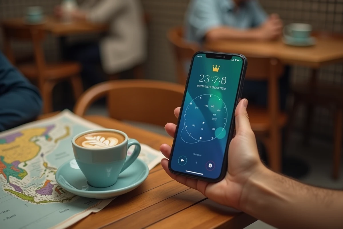 Smartphone affichant l'heure de Singapour GMT+8 sur une application de fuseaux horaires posé dans un café traditionnel kopitiam