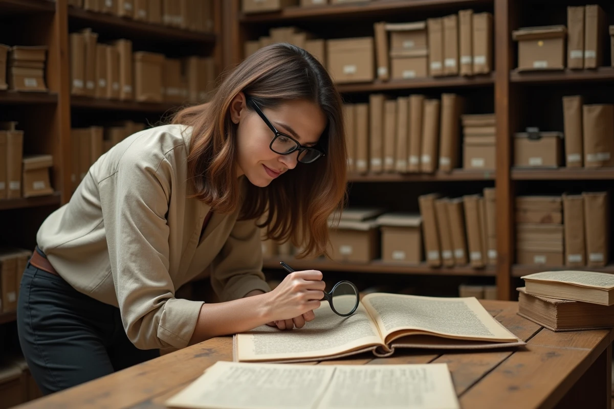 Historienne examinant des documents d'archives anciens sur la maladie mentale du roi Charles VI, dans une salle d'archives universitaire