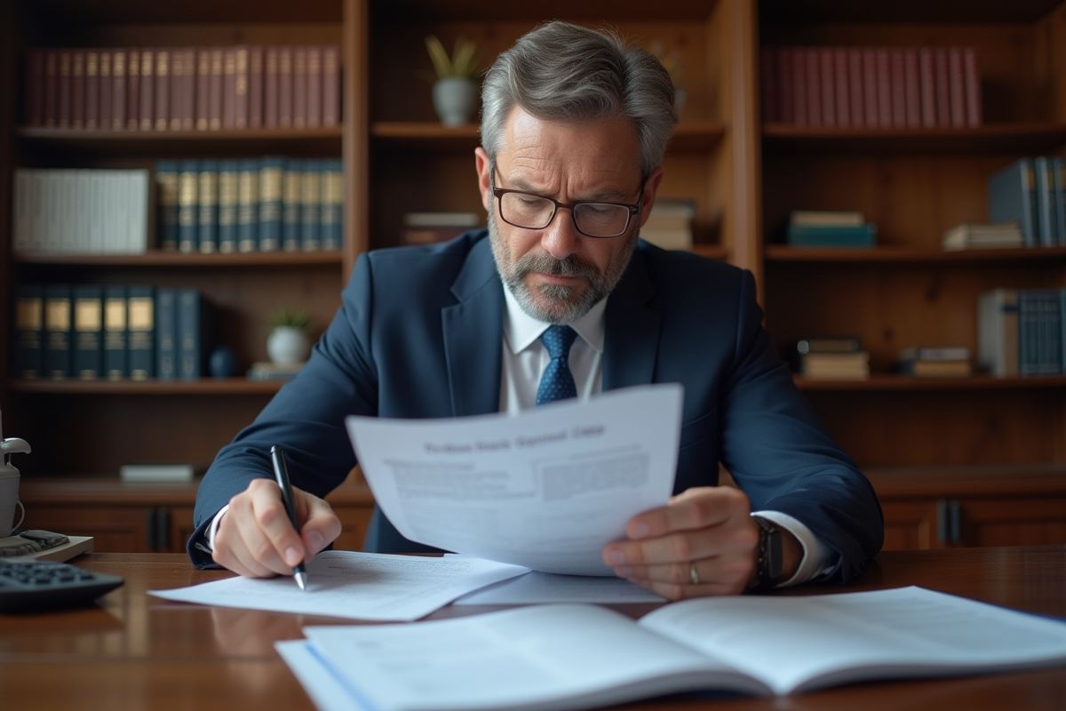 Homme d'affaires en costume bleu lisant des documents fiscaux
