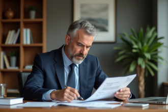 Homme d'affaires en costume bleu examine des relevés bancaires