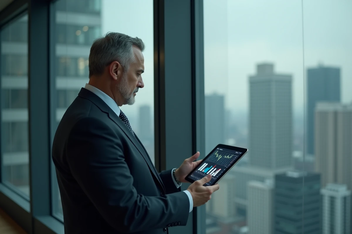 Homme d affaires regardant des données sur sa tablette au bureau