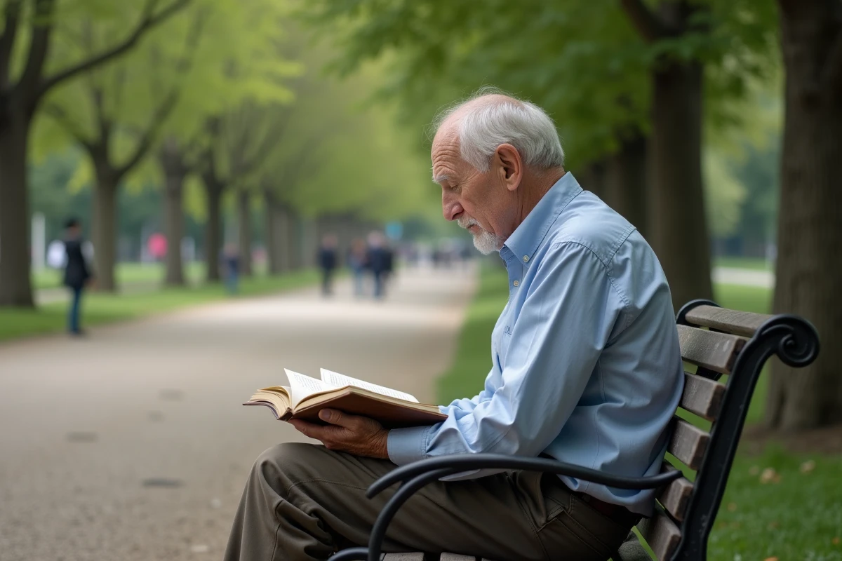 Homme âgé regardant un carnet dans un parc paisible