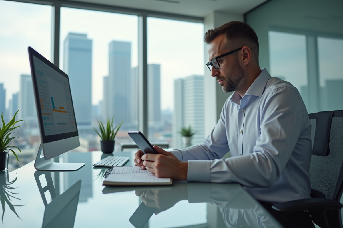 Homme daffaires vérifiant son budget au bureau
