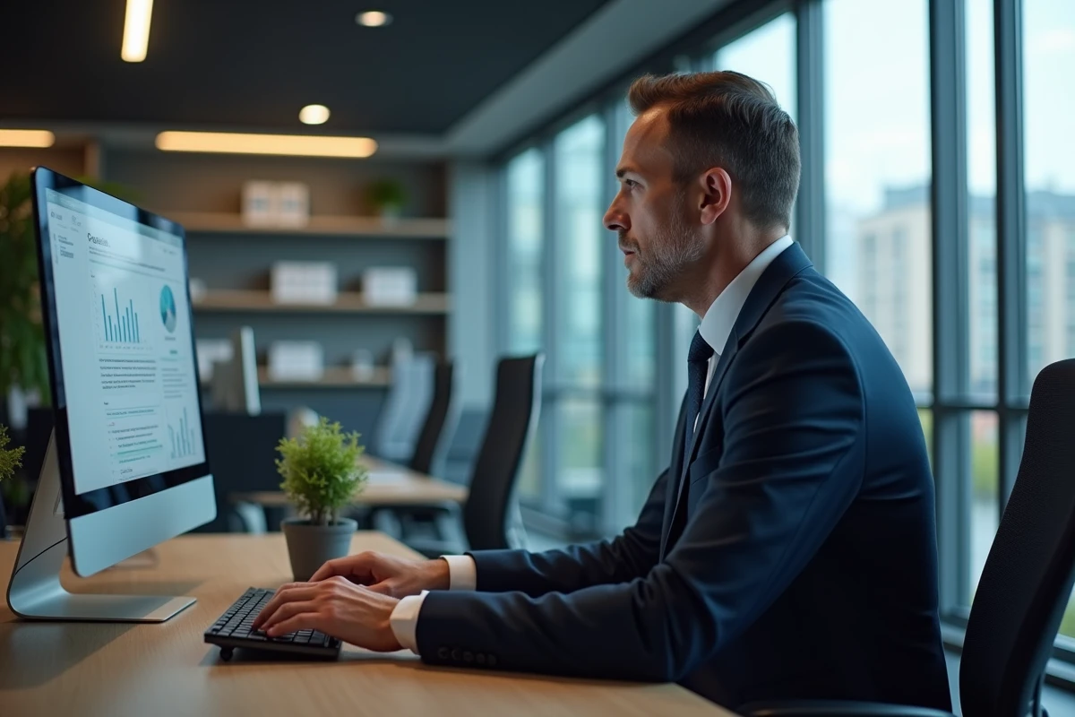 Homme d affaires en costume regardant un écran d ordinateur
