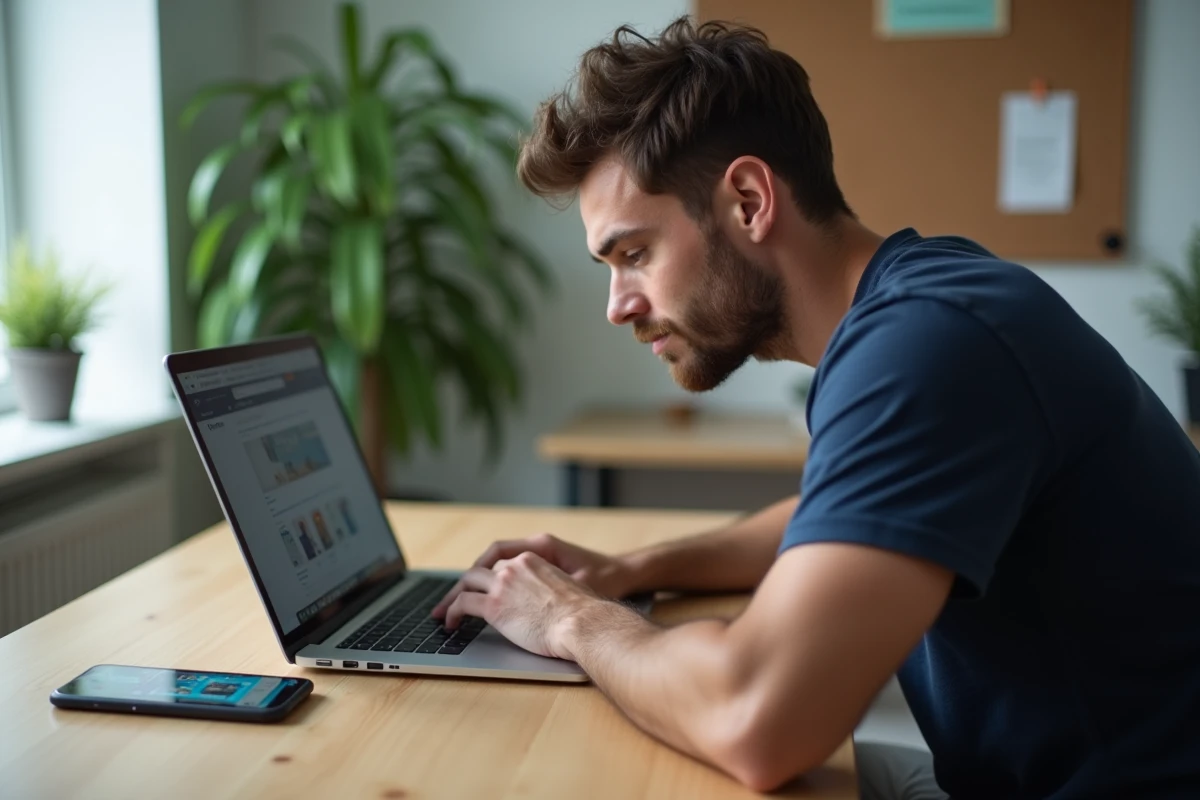 Homme consultant desgratuits.com sur ordinateur portable pour obtenir des dés gratuits sur Monopoly GO depuis son bureau à domicile