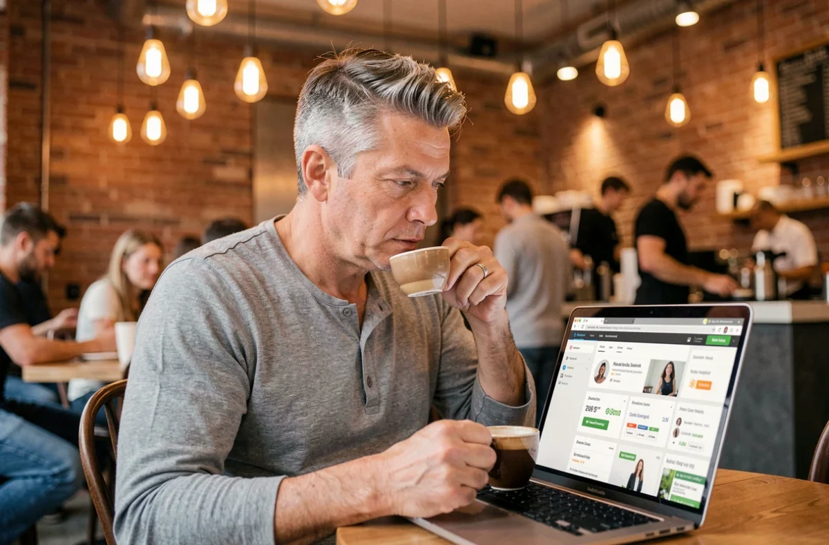Homme consultant des plateformes comparatives sur un ordinateur portable dans un café urbain contemporain