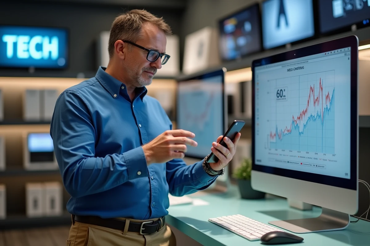 Homme compare un smartphone à un graphique de conversion