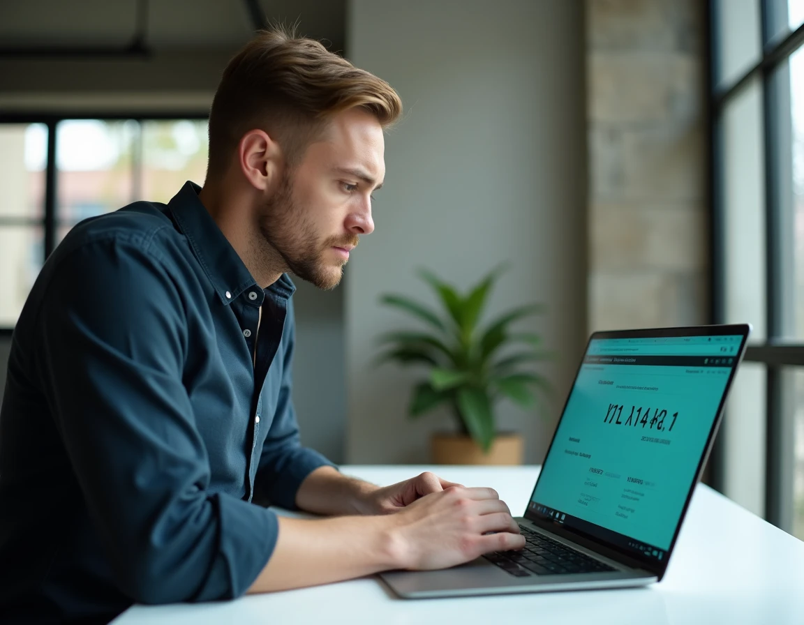 Homme utilisant un convertisseur de chiffres romains en ligne sur un ordinateur portable dans un appartement moderne