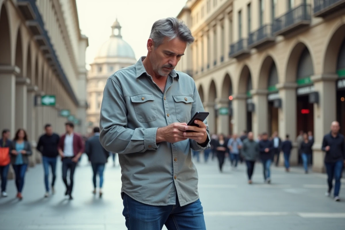Homme vérifiant une grille de mots croisés en ville