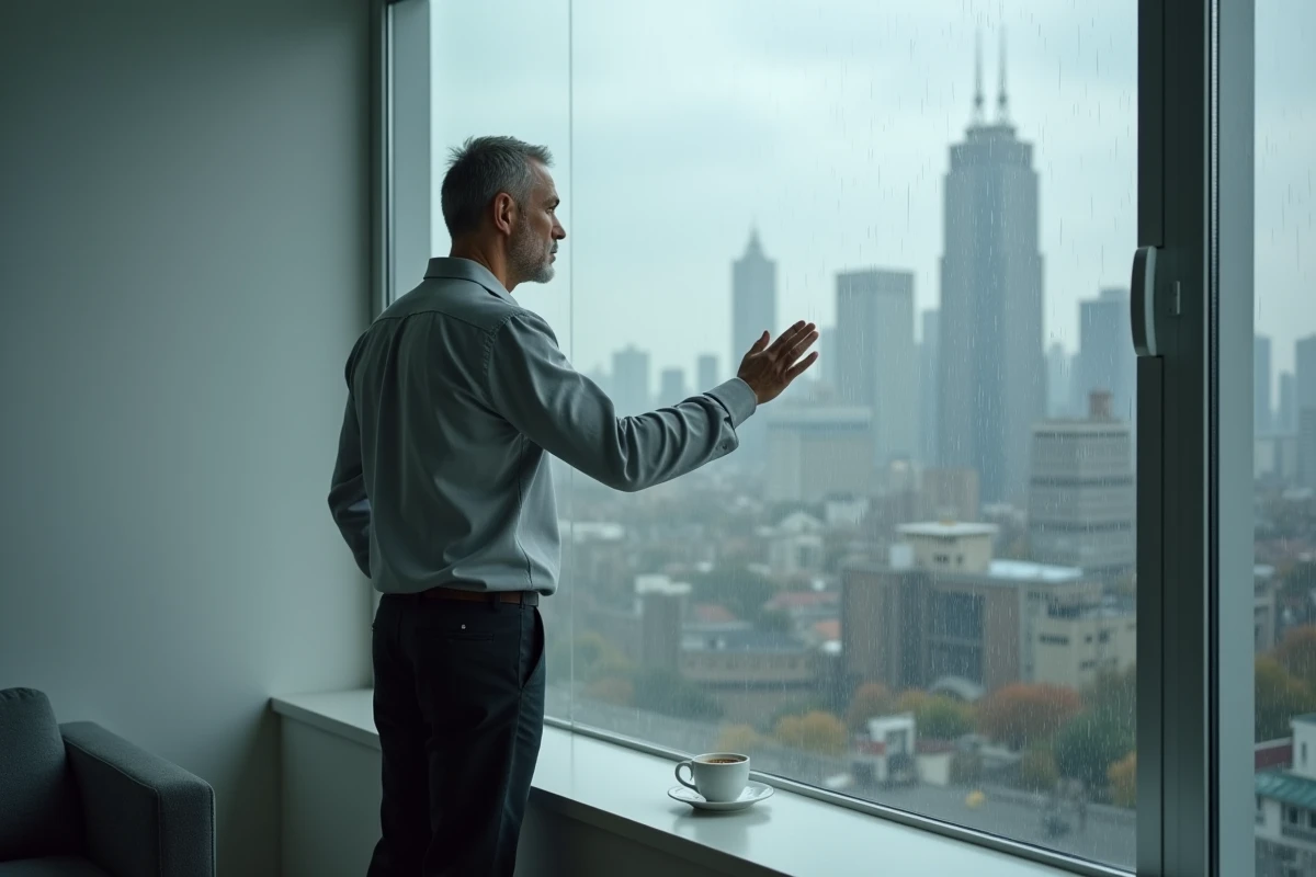 Homme seul debout près d'une fenêtre pluvieuse en appartement, contemplant la ville, image évoquant la tristesse et l'isolement