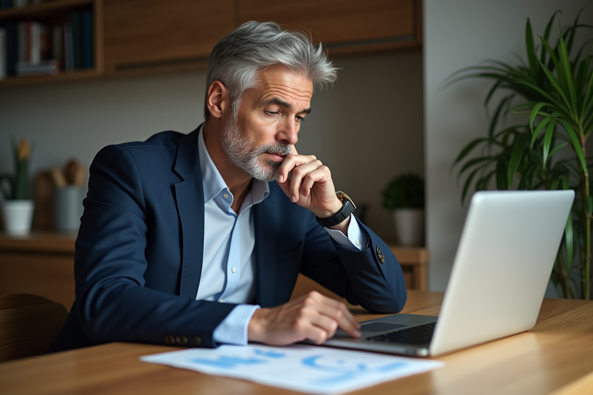 Homme d'âge moyen en costume dans une cuisine lisant des graphiques financiers